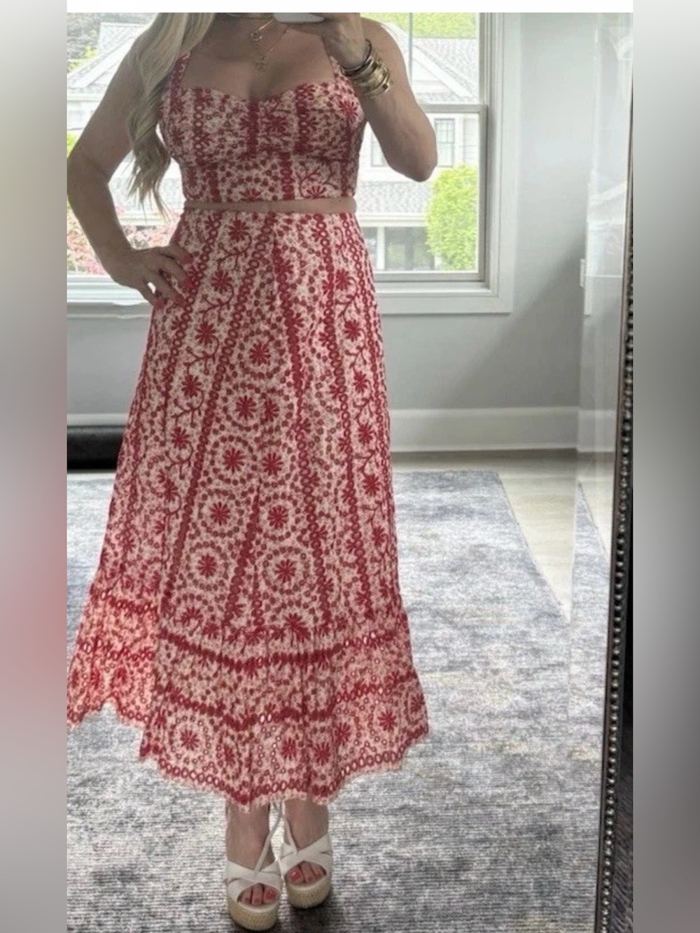 Zara Red and White Embroidered Midi Skirt